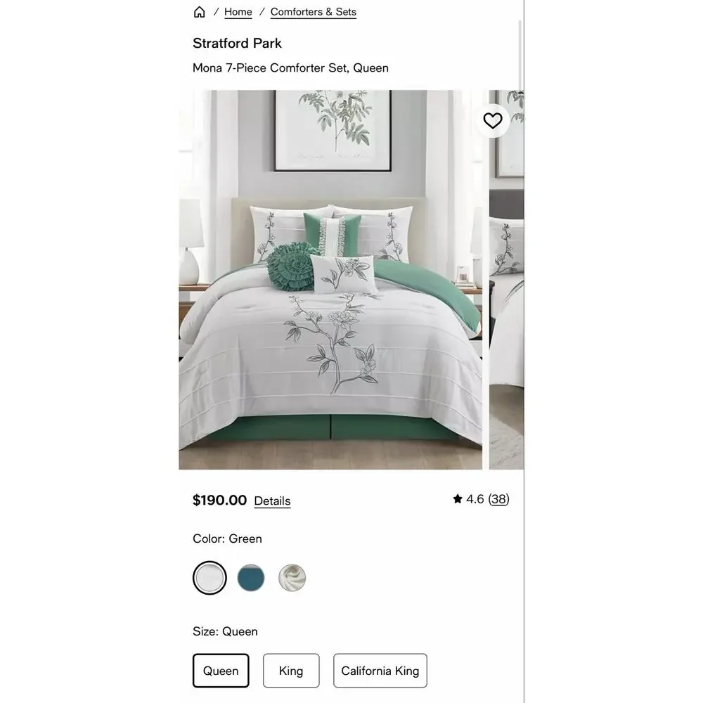 NEW! Nanshing - Raina 7PC Floral Midweight Bedding Comforter Set Queen Green